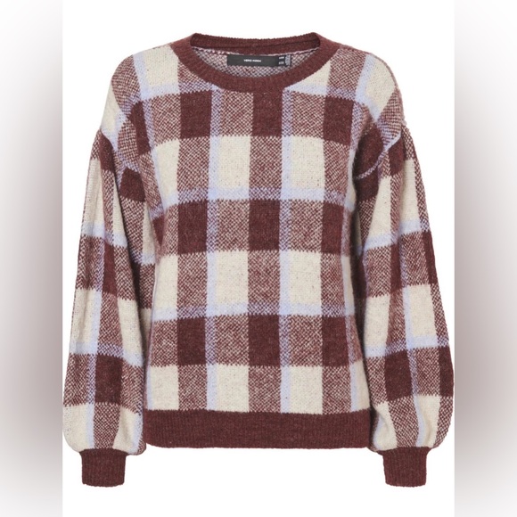 Vero Moda Burgundy and Cream Plaid Sweater - Picture 2 of 5
